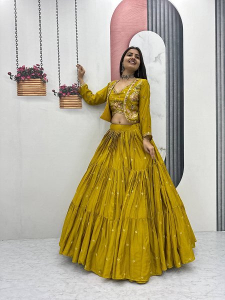 Mustard Big Flair Lehenga Set with Cancan and Jacket Luxury 3 Piece Celebration Outfit Designer Lehenga Choli