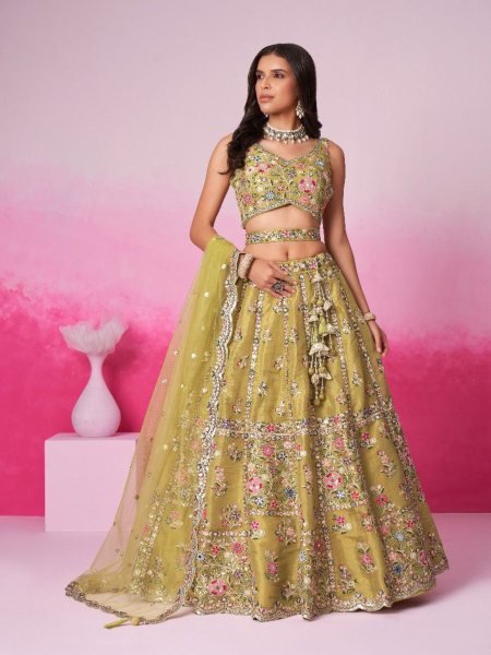 Mustard Bridal Net Lehenga Mirror  Moti &Thread Work with Tassel Belt Semi Stitched Export Design for Dealers   Lehenga