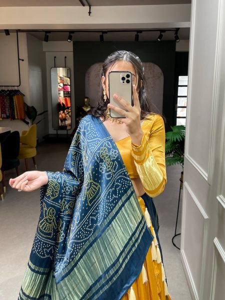 Mustard Color Dyeing With Lagdi Patta Gaji Silk Lehenga Choli Set  Navratri Lehnega Choli