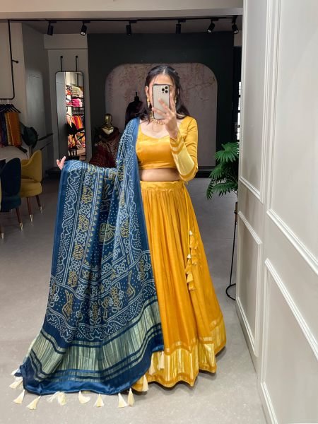Mustard Color Dyeing With Lagdi Patta Gaji Silk Lehenga Choli Set  Navratri Lehnega Choli