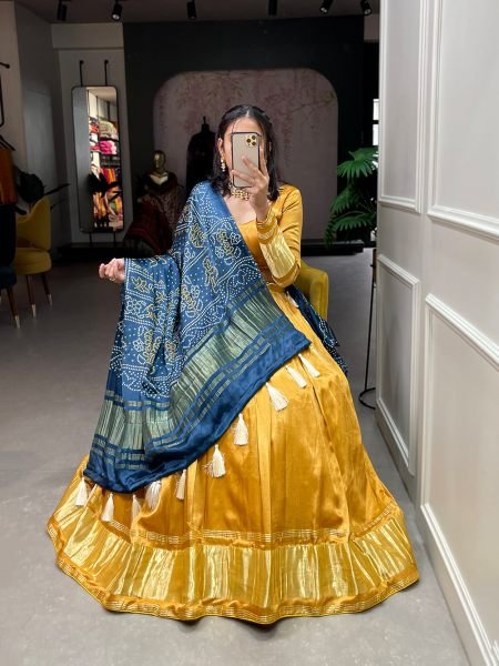 Mustard Color Dyeing With Lagdi Patta Gaji Silk Lehenga Choli Set  Navratri Lehnega Choli