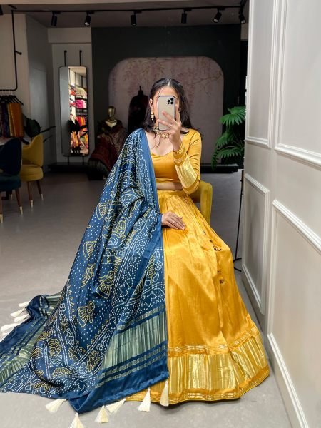 Mustard Color Dyeing With Lagdi Patta Gaji Silk Lehenga Choli Set  Navratri Lehnega Choli