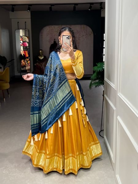 Mustard Color Dyeing With Lagdi Patta Gaji Silk Lehenga Choli Set  Navratri Lehnega Choli