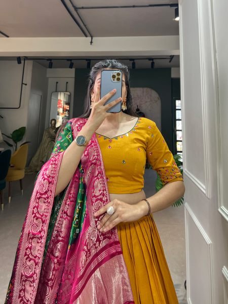 Mustard Color Pure Cotton Lehenga   Gaji Silk Dupatta Set with Gota   Mirrorwork Navratri Lehnega Choli