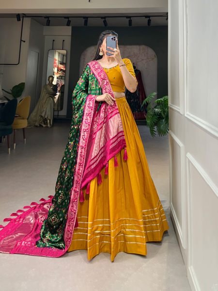 Mustard Color Pure Cotton Lehenga   Gaji Silk Dupatta Set with Gota   Mirrorwork Navratri Lehnega Choli