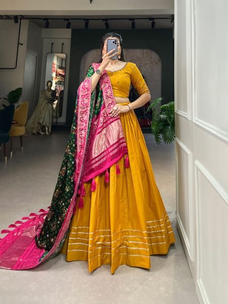 Mustard Color Pure Cotton Lehenga   Gaji Silk Dupatta Set with Gota   Mirrorwork Navratri Lehnega Choli