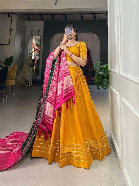 Mustard Color Pure Cotton Lehenga   Gaji Silk Dupatta Set with Gota   Mirrorwork Navratri Lehnega Choli