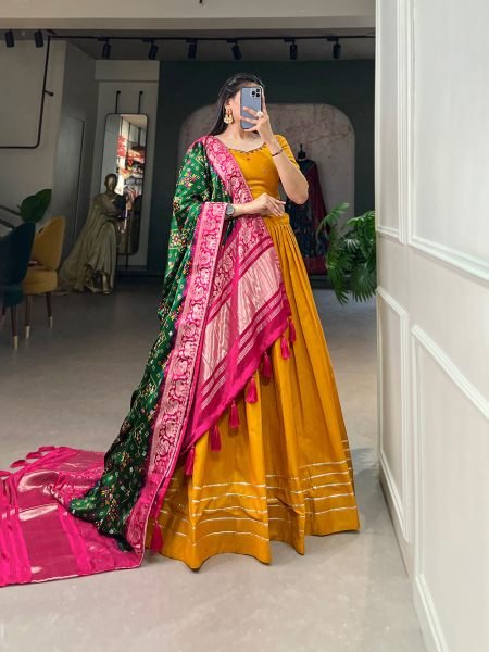 Mustard Color Pure Cotton Lehenga   Gaji Silk Dupatta Set with Gota   Mirrorwork Navratri Lehnega Choli