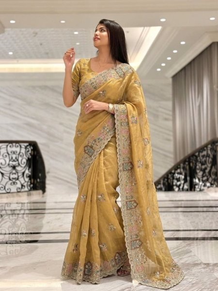 Mustard Embroidered Silk Saree with C Pallu for Bridal and Festive Functions Sarees 