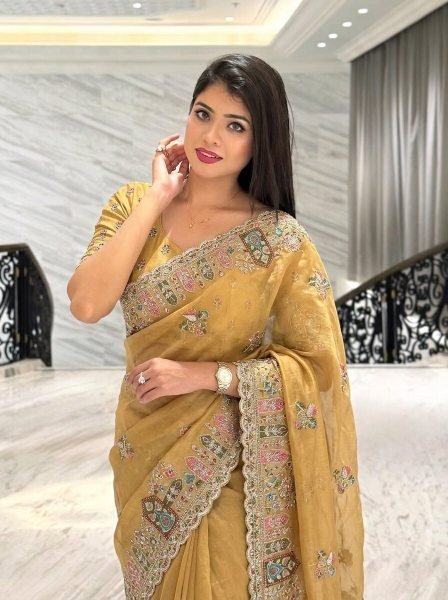 Mustard Embroidered Silk Saree with C Pallu for Bridal and Festive Functions Designer Wedding Sarees Wholesale