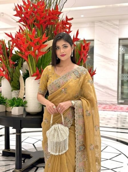 Mustard Embroidered Silk Saree with C Pallu for Bridal and Festive Functions Designer Wedding Sarees Wholesale