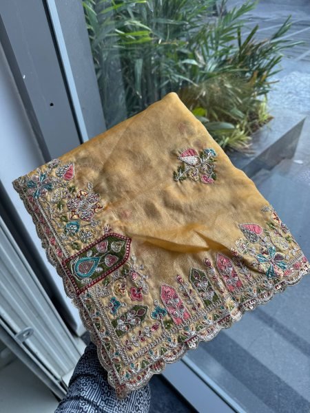 Mustard Embroidered Silk Saree with C Pallu for Bridal and Festive Functions Designer Wedding Sarees Wholesale