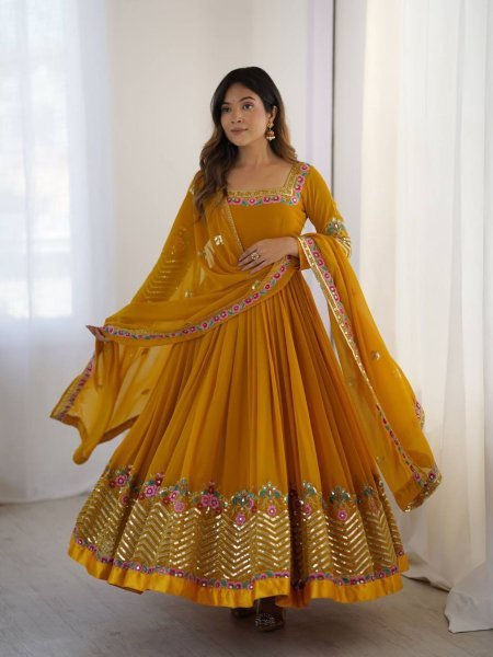 Mustard Georgette Gown with Floral Embroidery Festive Wear at Low Price Kurtis