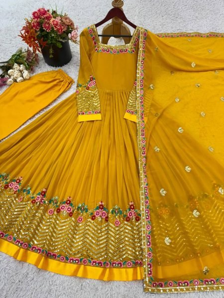 Mustard Georgette Gown with Floral Embroidery Festive Wear at Low Price Anarkali Kurtis 