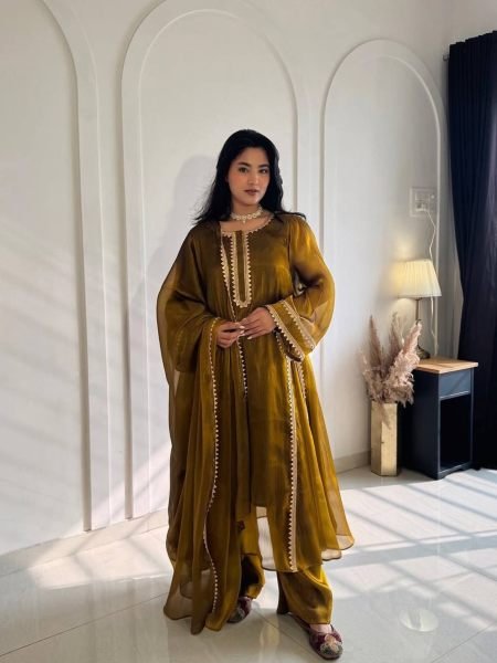 Mustard Golden Designer Burberry Silk Anarkali Gown with Pant Palazzo and Dupatta Ready To Wear Suit