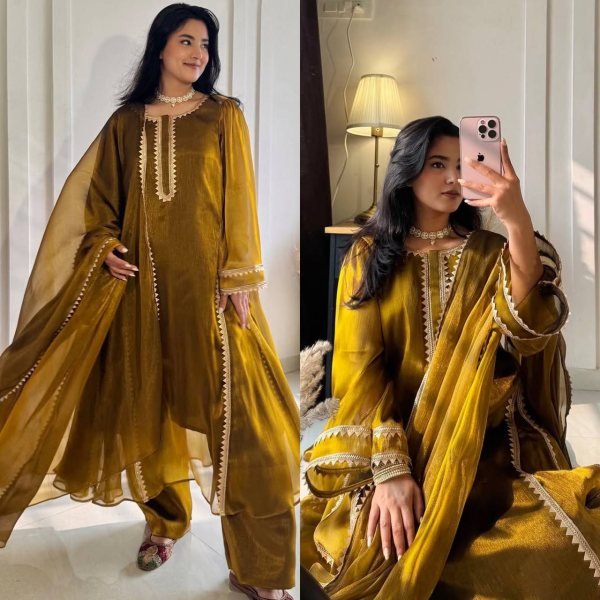 Mustard Golden Designer Burberry Silk Anarkali Gown with Pant Palazzo and Dupatta Ready To Wear Collection