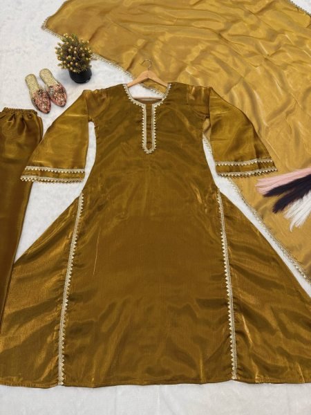 Mustard Golden Designer Burberry Silk Anarkali Gown with Pant Palazzo and Dupatta Ready To Wear Collection