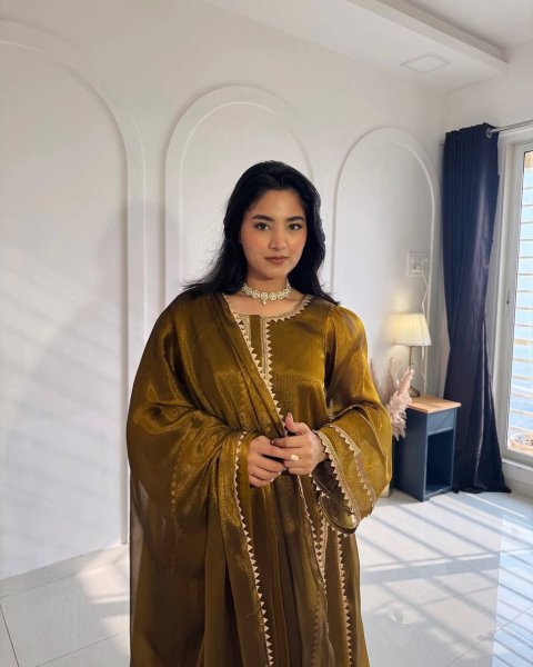 Mustard Golden Designer Burberry Silk Anarkali Gown with Pant Palazzo and Dupatta Ready To Wear Collection