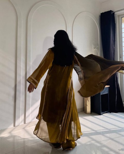 Mustard Golden Designer Burberry Silk Anarkali Gown with Pant Palazzo and Dupatta Ready To Wear Collection