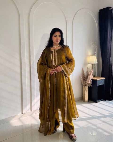Mustard Golden Designer Burberry Silk Anarkali Gown with Pant Palazzo and Dupatta Ready To Wear Collection