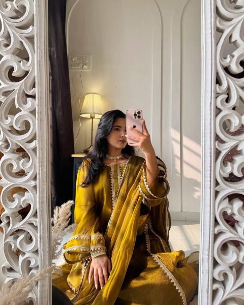 Mustard Golden Designer Burberry Silk Anarkali Gown with Pant Palazzo and Dupatta Ready To Wear Collection