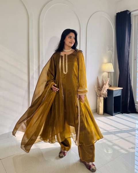 Mustard Golden Designer Burberry Silk Anarkali Gown with Pant Palazzo and Dupatta Ready To Wear Collection