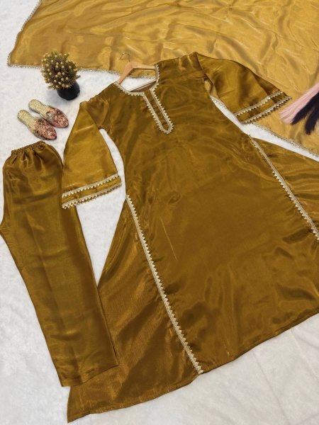 Mustard Golden Designer Burberry Silk Anarkali Gown with Pant Palazzo and Dupatta Ready To Wear Collection