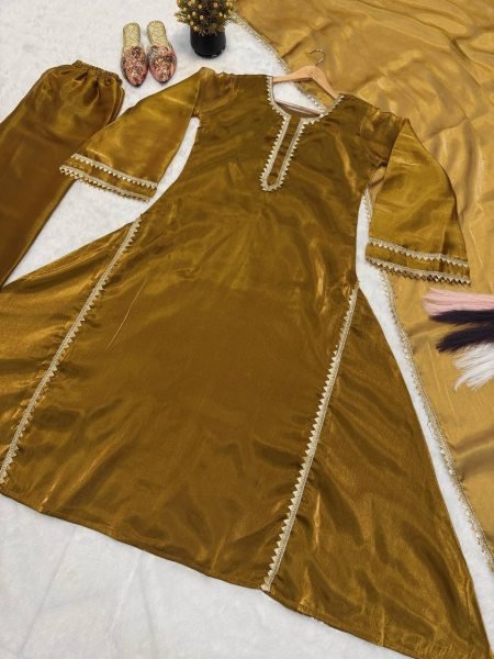 Mustard Golden Designer Burberry Silk Anarkali Gown with Pant Palazzo and Dupatta Ready To Wear Collection