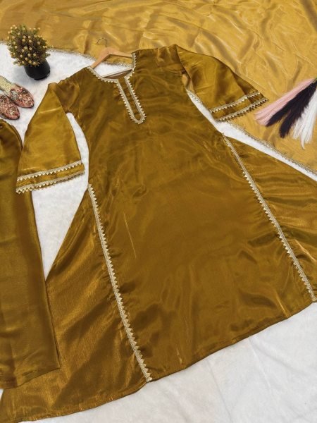 Mustard Golden Designer Burberry Silk Anarkali Gown with Pant Palazzo and Dupatta Ready To Wear Collection