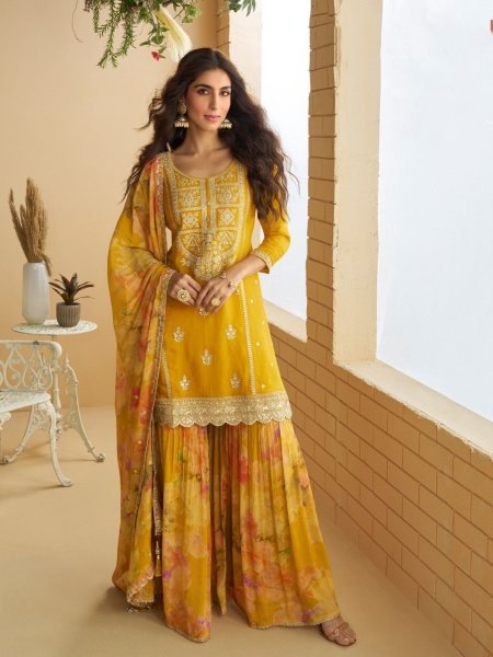 Mustard Heavy Chinon Silk Kurta Pant Dupatta Set with Sequins Coding Embroidery Work 
