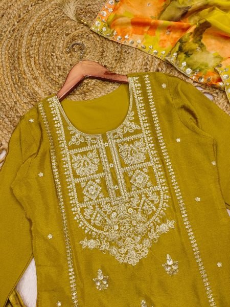 Mustard Heavy Chinon Silk Kurta Pant Dupatta Set with Sequins Coding Embroidery Work Wholesale Printed Salwar Kameez 