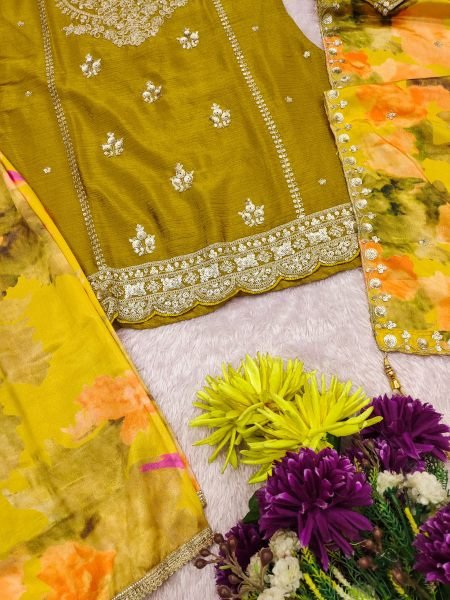Mustard Heavy Chinon Silk Kurta Pant Dupatta Set with Sequins Coding Embroidery Work Wholesale Printed Salwar Kameez 