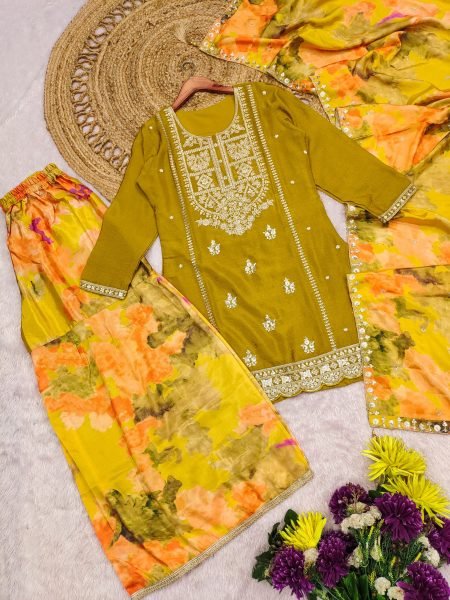 Mustard Heavy Chinon Silk Kurta Pant Dupatta Set with Sequins Coding Embroidery Work Wholesale Printed Salwar Kameez 