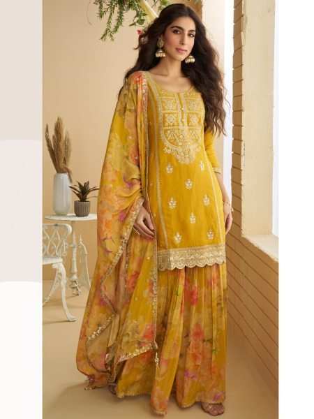 Mustard Heavy Chinon Silk Kurta Pant Dupatta Set with Sequins Coding Embroidery Work Wholesale Printed Salwar Kameez 