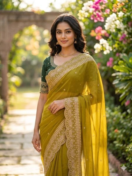 Mustard Olive Premium Star Georgette Saree Collection with Stylish Contrast Blouse Sarees 