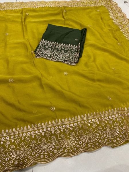Mustard Olive Premium Star Georgette Saree Collection with Stylish Contrast Blouse Embroidery Sarees Wholesale