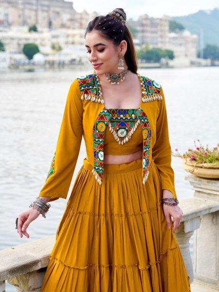 Mustard Rayon Gamthi Mirror Lehenga with Jacket Navratri Special  Lehenga