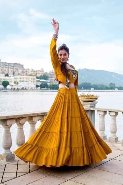 Mustard Rayon Gamthi Mirror Lehenga with Jacket Navratri Special Navratri Lehnega Choli