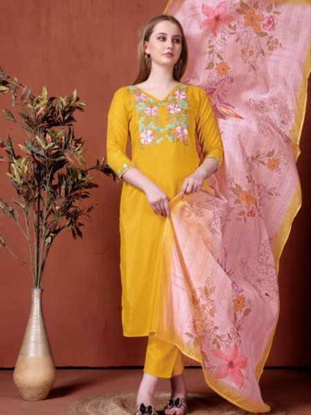 Mustard Rayon Suit Set with Chanderi Dupatta Elegant 3 Piece Festive Wear Kurtis