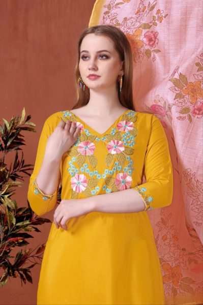 Mustard Rayon Suit Set with Chanderi Dupatta Elegant 3 Piece Festive Wear 3 Piece Kurti Set