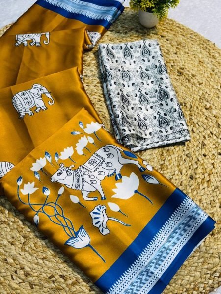 mustard satin printed saree with handcrafted look premium wholesale deal Sarees 