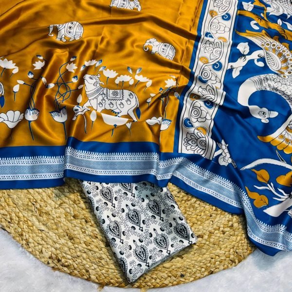mustard satin printed saree with handcrafted look premium wholesale deal Printed Cotton Sarees Wholesale