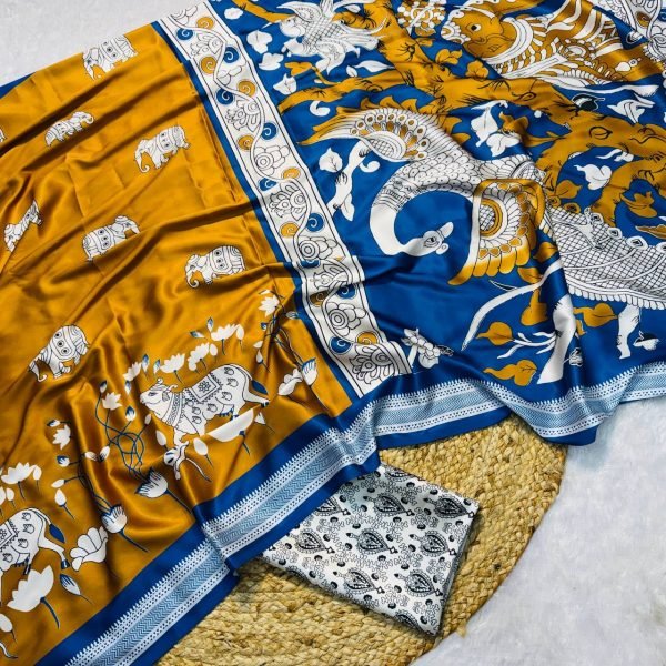 mustard satin printed saree with handcrafted look premium wholesale deal Printed Cotton Sarees Wholesale