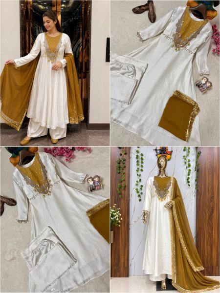 Mustard Yellow Anarkali Suit with Sequin Work and Star Georgette Dupatta at Wholesale Rate Ready To Wear Collection