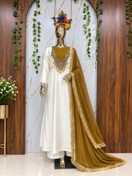 Mustard Yellow Anarkali Suit with Sequin Work and Star Georgette Dupatta at Wholesale Rate Ready To Wear Collection