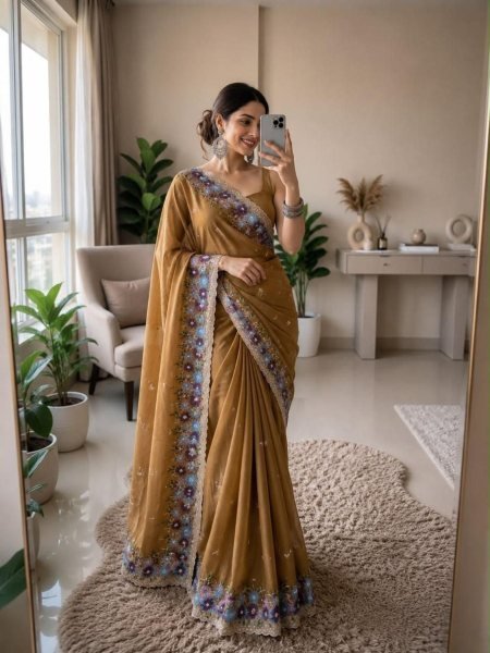 Mustard Yellow Boutique Quality Soft Crush Silk Saree with Embroidered Blouse 