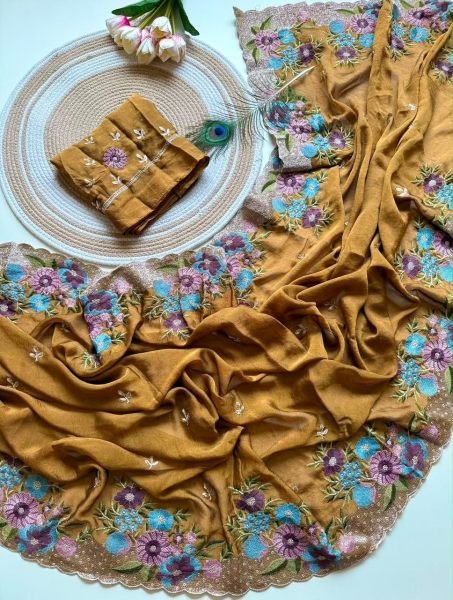 Mustard Yellow Boutique Quality Soft Crush Silk Saree with Embroidered Blouse Silk Sarees Wholesale