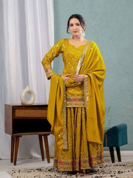 Mustard Yellow Chinon Sharara Set with Mirror and Sequin Embroidery Festive Wear Ready To Wear Suit