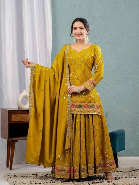 Mustard Yellow Chinon Sharara Set with Mirror and Sequin Embroidery Festive Wear Ready To Wear Collection