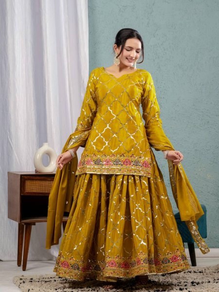 Mustard Yellow Chinon Sharara Set with Mirror and Sequin Embroidery Festive Wear Ready To Wear Collection